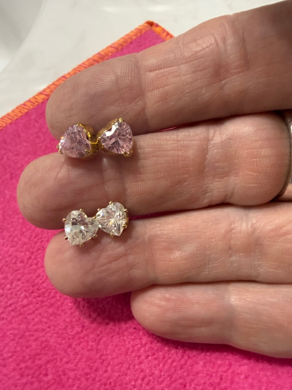 Heart Stud Earrings - Clear and Pink Crystal - Unbranded